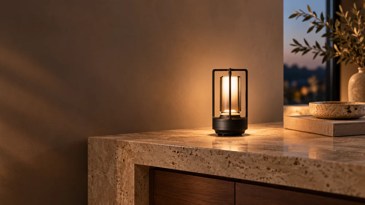Styled illustration of the black cordless lamp glowing on a travertine console at dusk