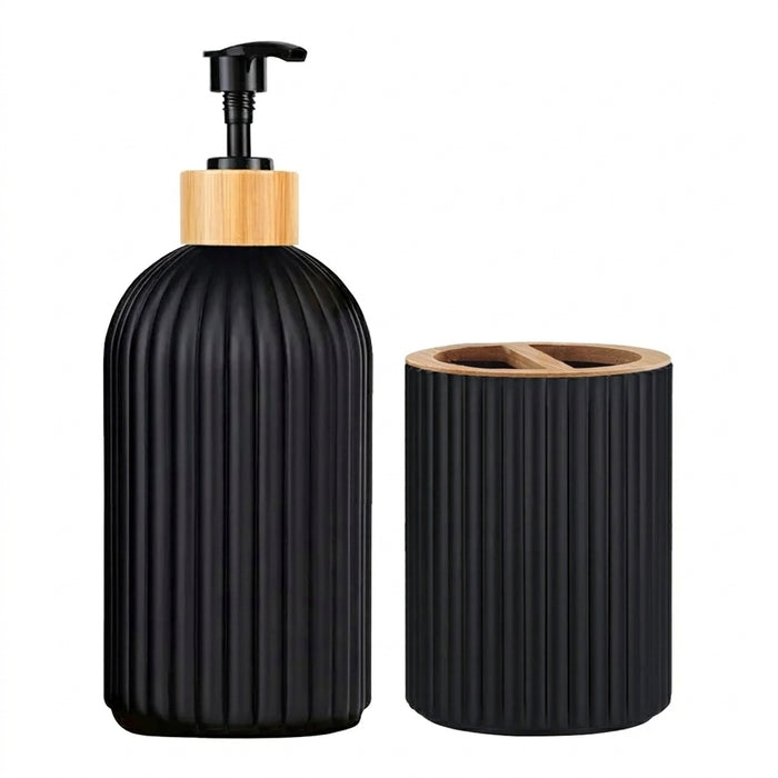 Bathroom Countertop Organiser – Soap Dispenser, Cotton Box & Toothbrush Holder (Plastic & Bamboo)
