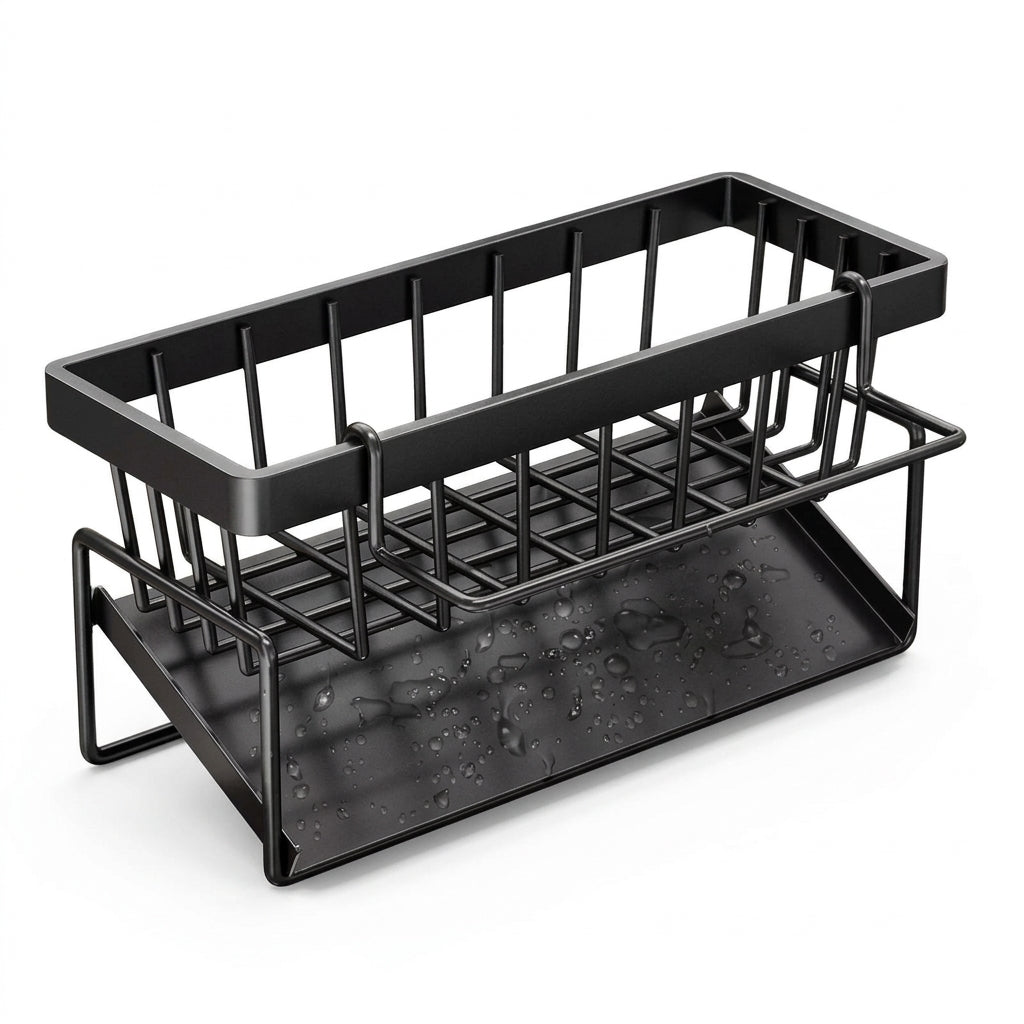 Kitchen Sink Sponge Holder – Auto-Draining Plastic Sink Caddy with Removable Brush Holder