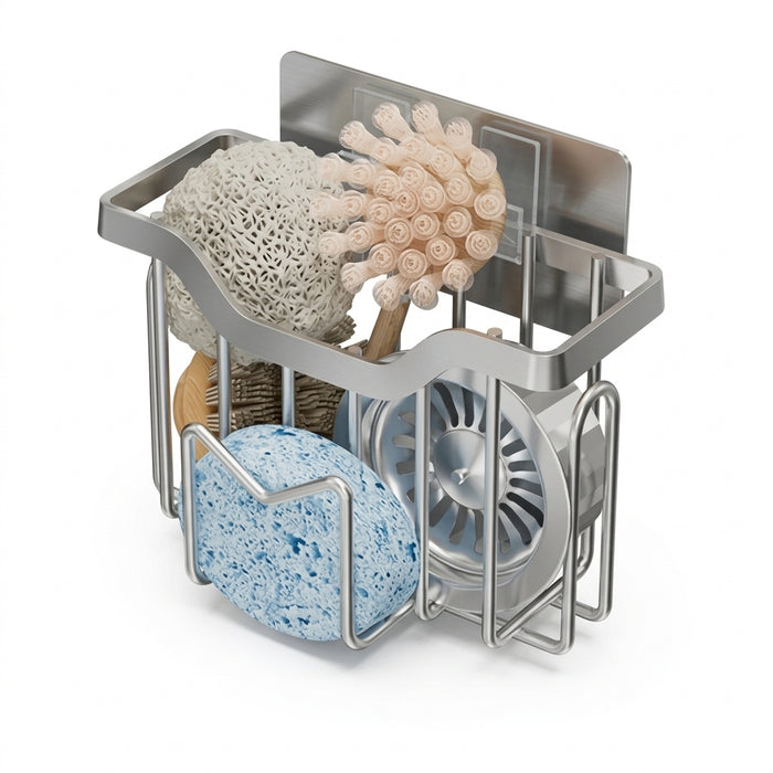 Sponge Holder for Kitchen Sink — Stainless Steel Sink Caddy with Adhesive Hook