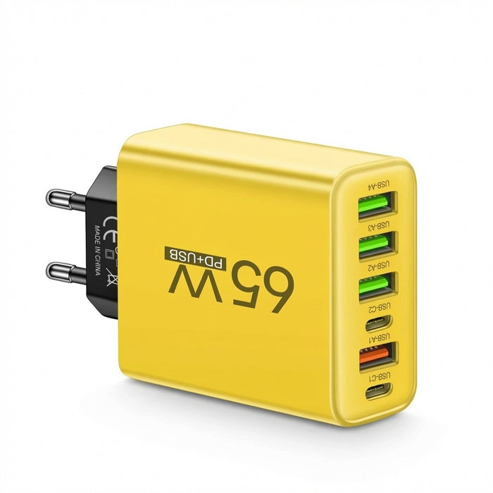 65W 6-Port USB PD Charger – 2x USB‑C PD + 4x USB Fast Wall Charger (EU/US)