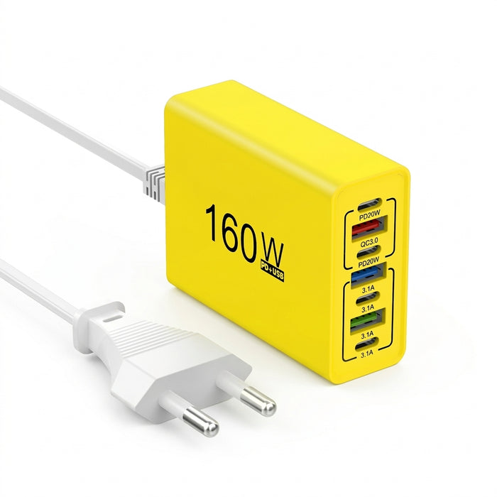 7-in-1 160W USB Charging Station – PD Type-C & USB-A, EU/US Plug, iPhone/Samsung/Xiaomi Compatible