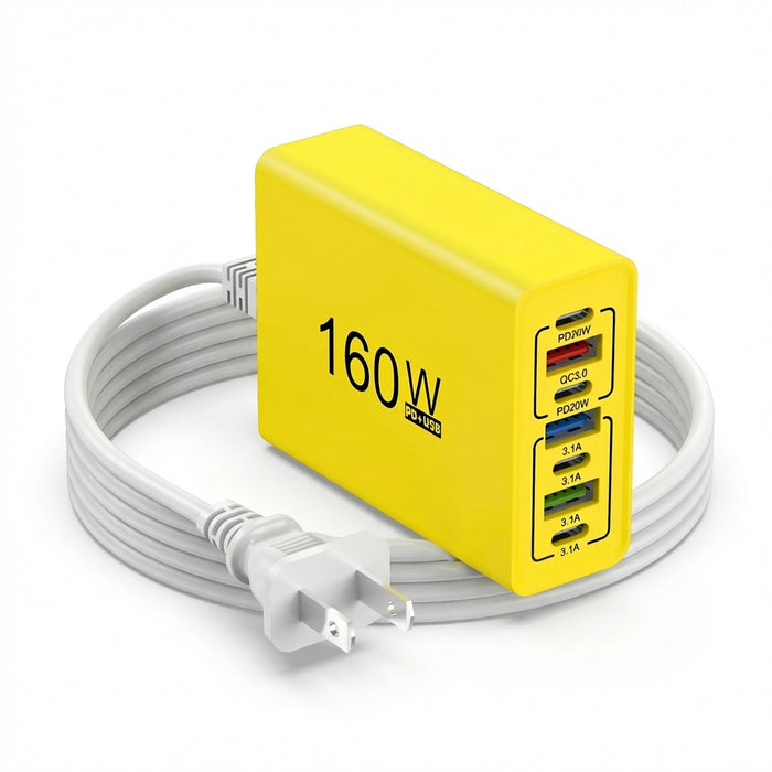 7-in-1 160W USB Charging Station – PD Type-C & USB-A, EU/US Plug, iPhone/Samsung/Xiaomi Compatible