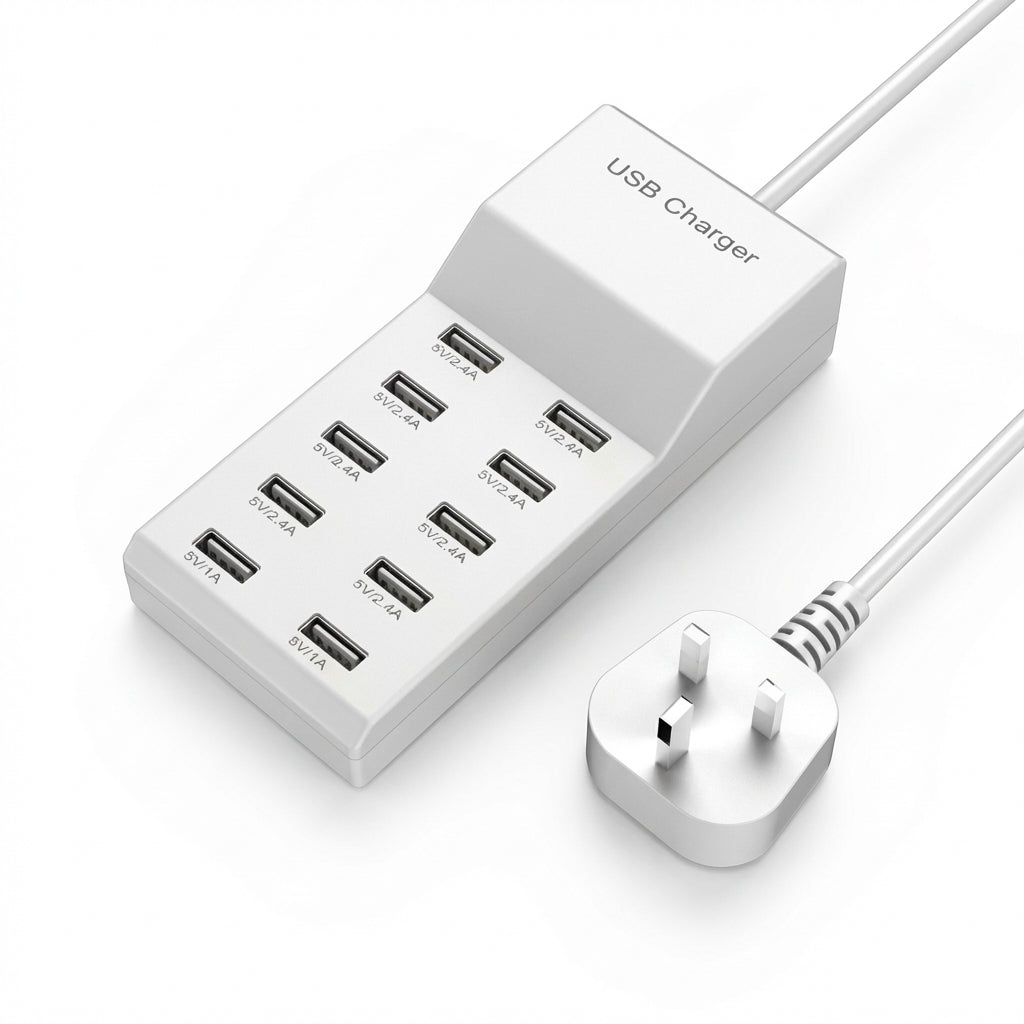 10‑Port 50W USB Charging Station – Multi‑Device Fast Charger with LCD (EU/UK/US plugs)