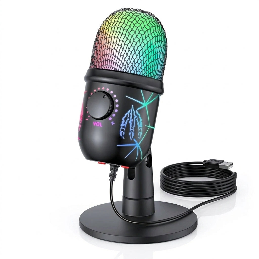 USB Gaming Condenser Microphone with Headphone Jack, LED & Noise Reduction