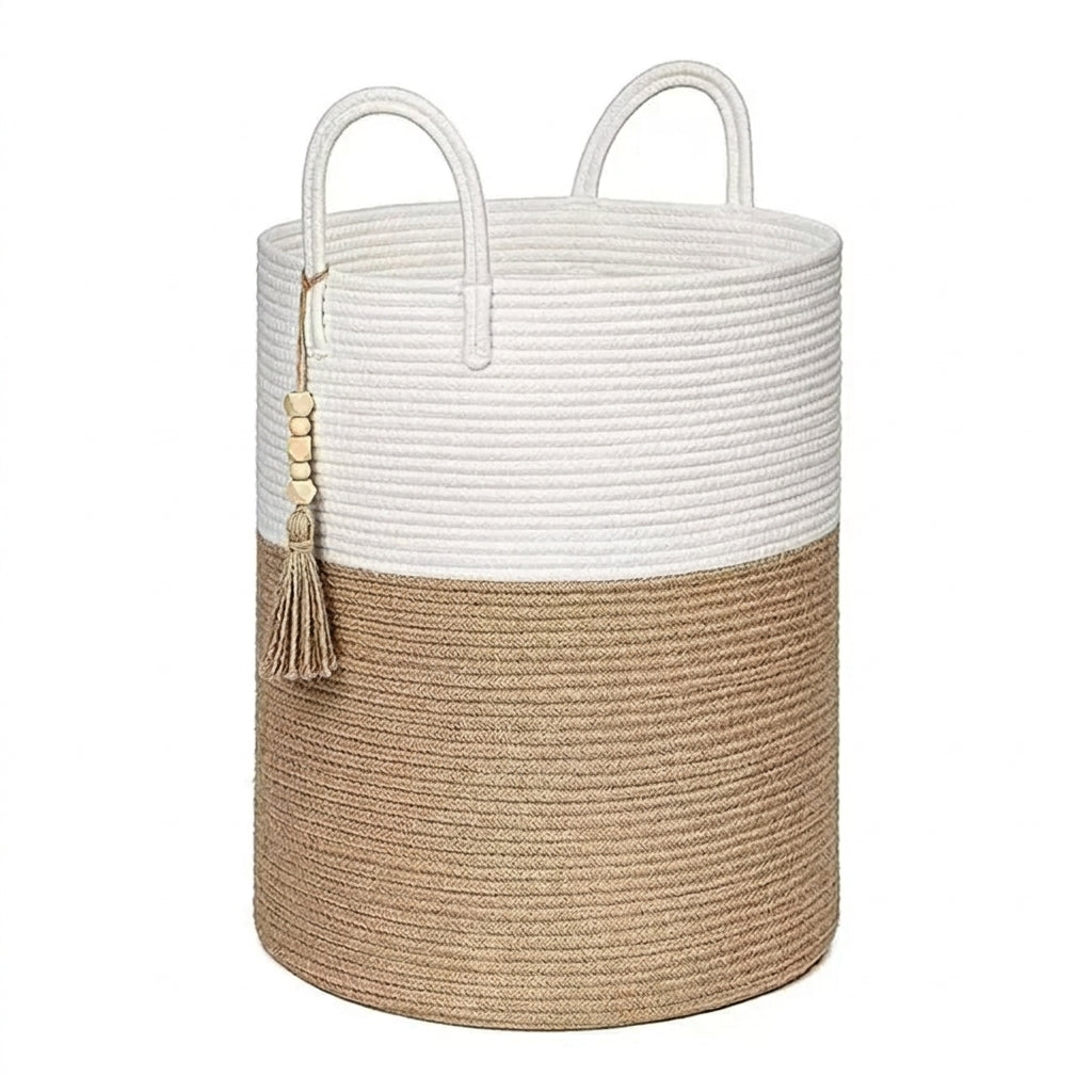 Large Tall Woven Storage Basket – Foldable Cotton Rope Laundry Hamper