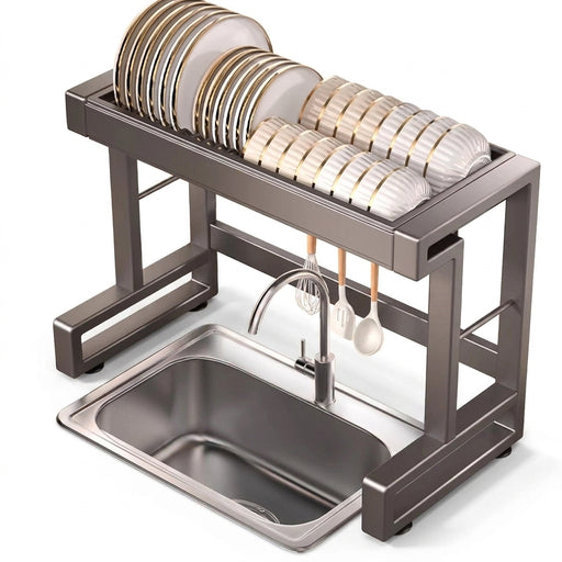 Over‑Sink Dish Drying Rack with Utensil Holder — Stainless Steel, Matt Black