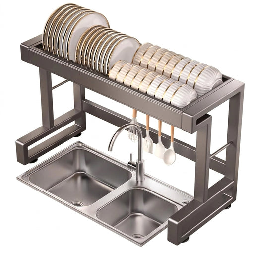Over‑Sink Dish Drying Rack with Utensil Holder — Stainless Steel, Matt Black