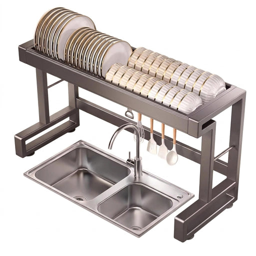 Over‑Sink Dish Drying Rack with Utensil Holder — Stainless Steel, Matt Black