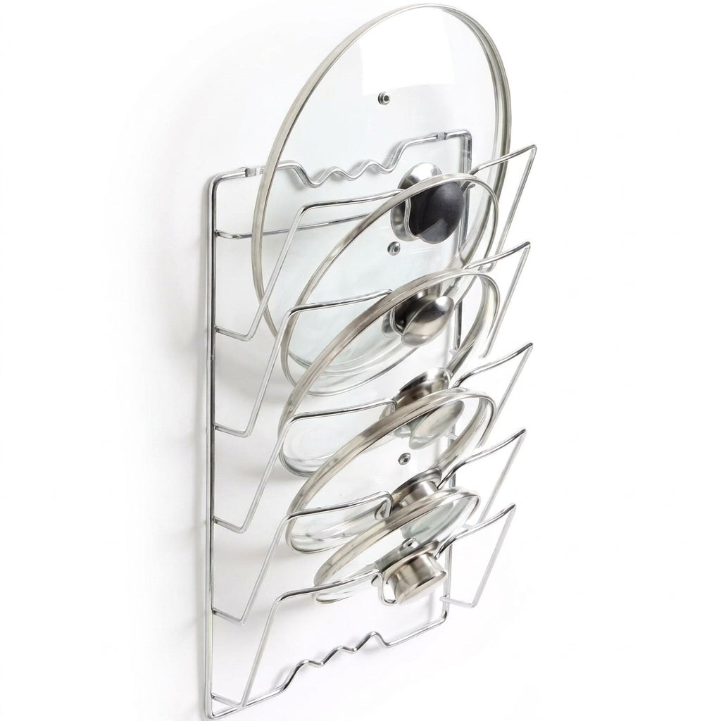 Five-Layer Wall-Mounted Pot Lid Rack — Iron Wire, Rust-Free, Silver