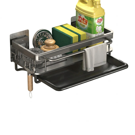 Aluminium Kitchen Sink Drain Rack with Tray — Soap, Sponge & Dishcloth Holder