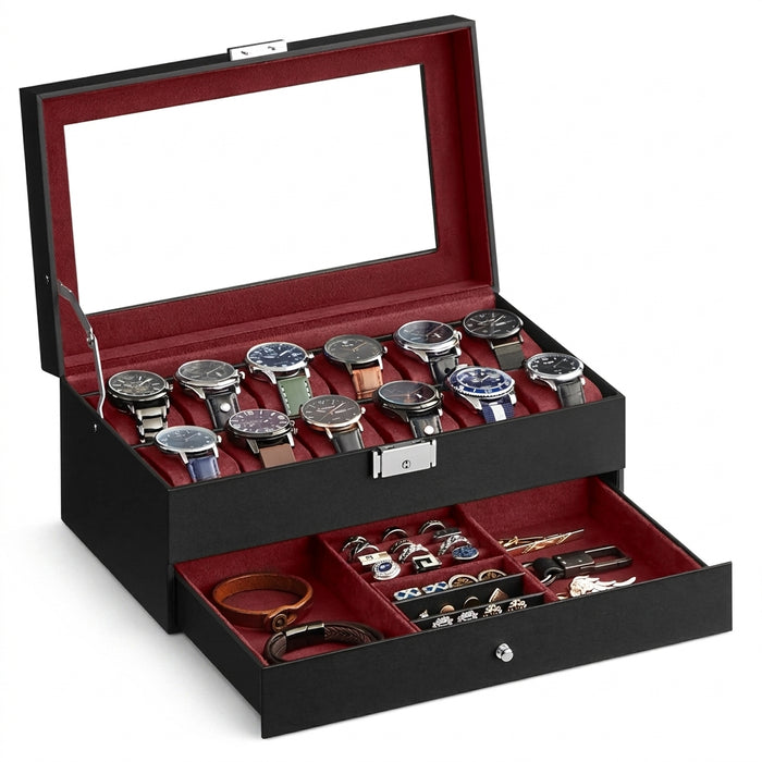 2-Tier Watch Box with Glass Lid — Holds 12 Watches, Lockable Drawer