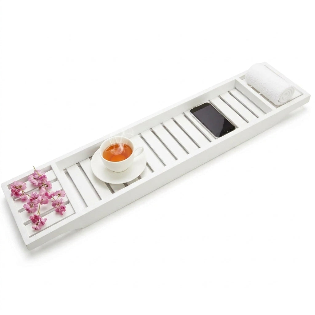Natural Bamboo Bath Caddy Tray – 70 cm, White Finish