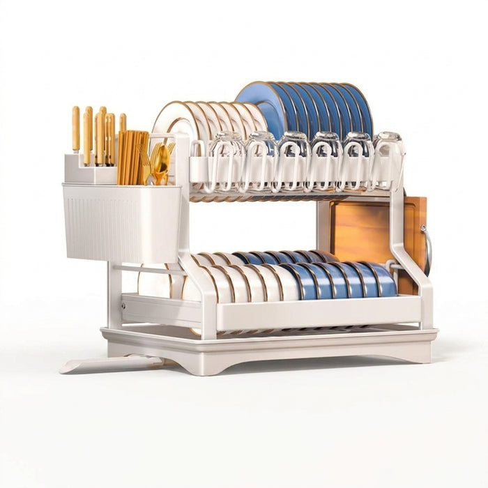2-Tier Dish Drying Rack with Drainboard and Utensil Holder — Carbon Steel