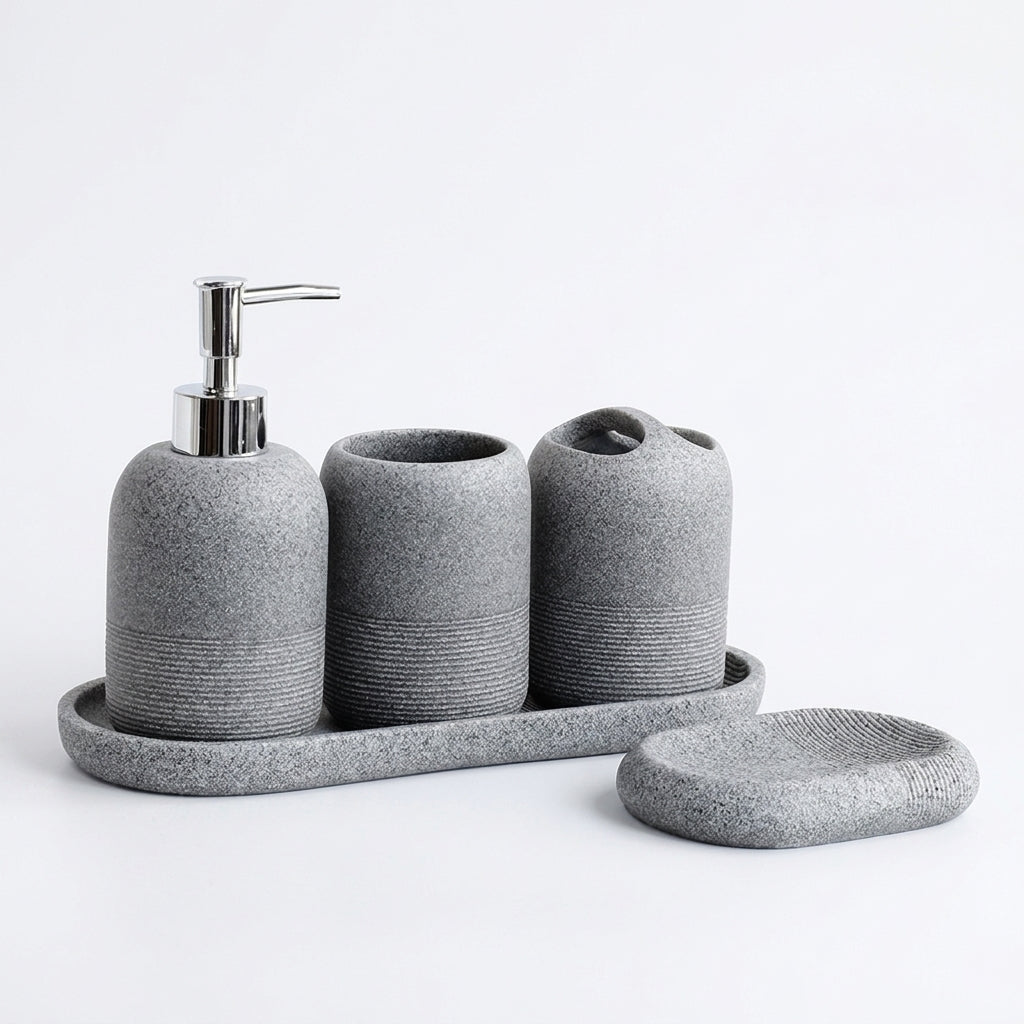 5-Piece Bathroom Accessory Set — Lotion Dispenser, Toothbrush Holder, Tumbler, Soap Dish & Tray (Beige or Grey)