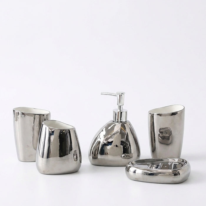 Modern Ceramic Bathroom Accessory Set — 4 or 5 Piece with Pump Dispenser