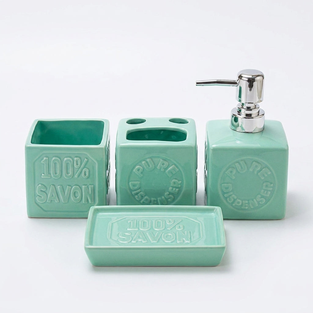 Ceramic 4-Piece Bathroom Organiser Set — Soap Dispenser, Lotion Bottle, Toothbrush Cup & Soap Dish