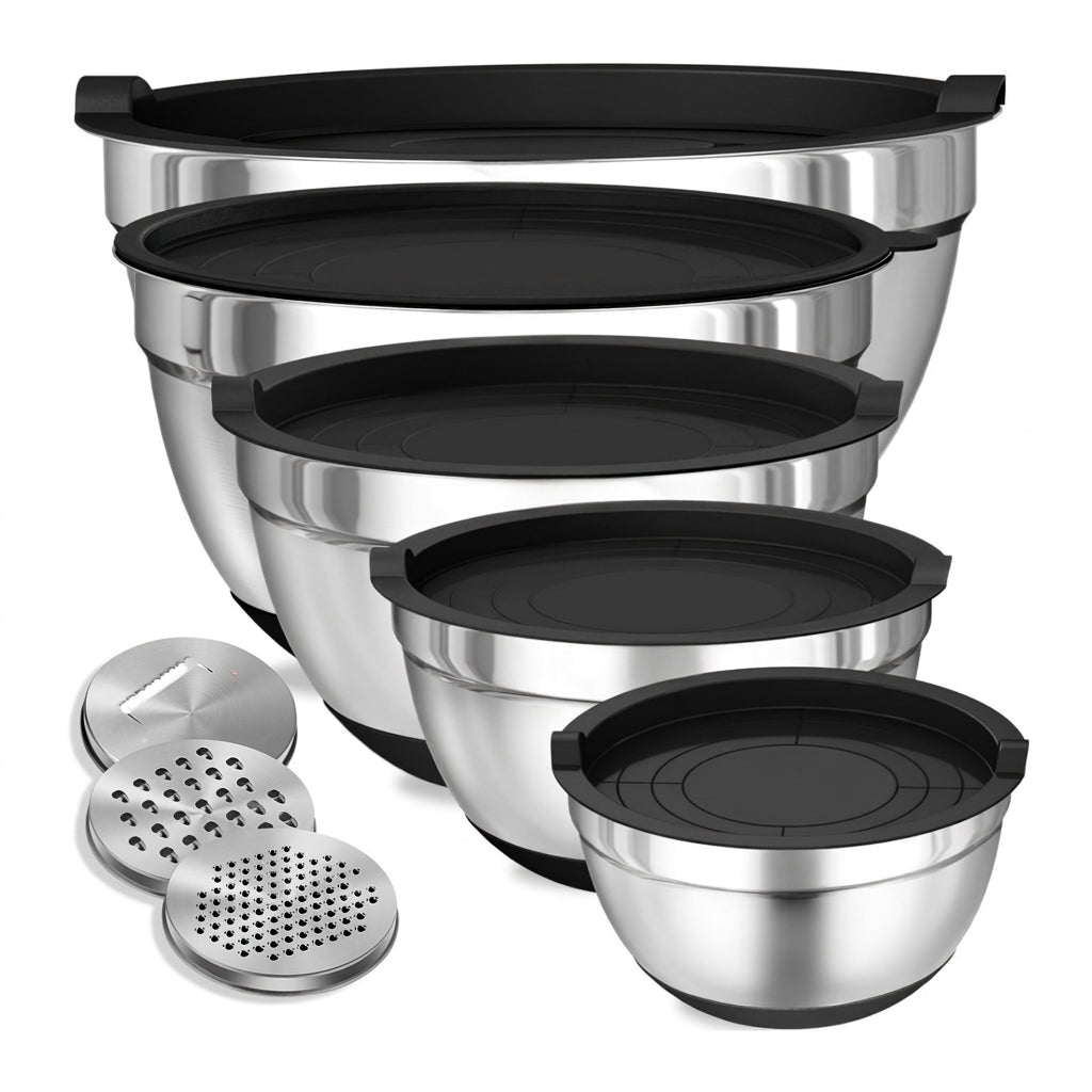 8-Piece Stainless Steel Mixing Bowls with Airtight Lids — Black, Non-Slip Bases