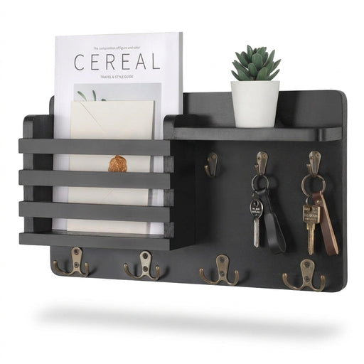 Rustic Wood Wall Mail Organiser with Key Hooks and Floating Shelf