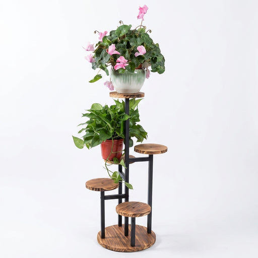 6-Tier Corner Plant Stand – Wood & Metal Display Shelf (Black)