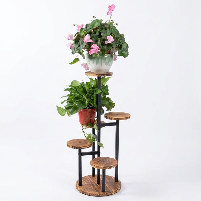 6-Tier Corner Plant Stand – Wood & Metal Display Shelf (Black)