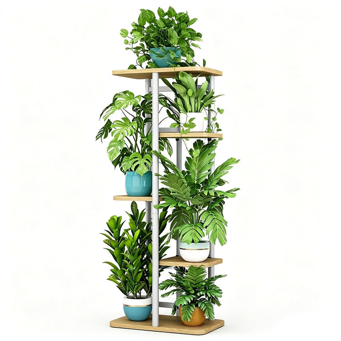 Tall 5-Tier Corner Plant Stand – Metal Frame with Reinforced Wooden Shelves