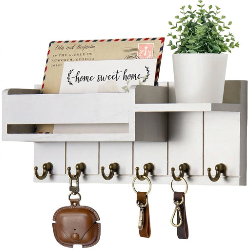 Rustic Wood Key Rack & Mail Organiser — 6 Hooks with Shelf, Wall-Mounted