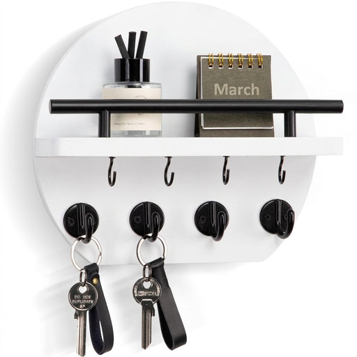 Wooden Wall-Mounted Key & Mail Holder with 8 Key Hooks and Shelf for Sunglasses & Dog Lead