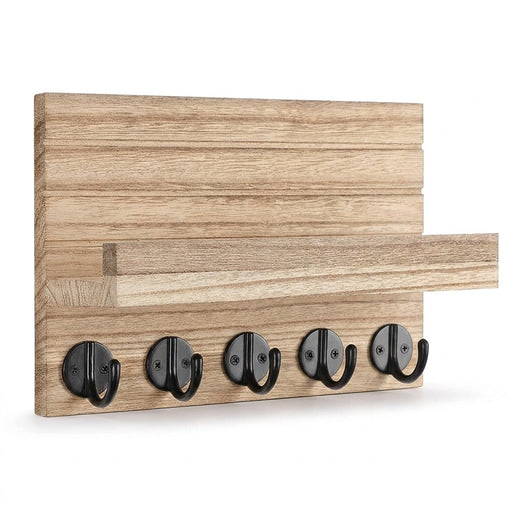 Wooden Wall-Mounted Key Holder with Mail Organiser | 5 Hooks (Dark Khaki/Black)