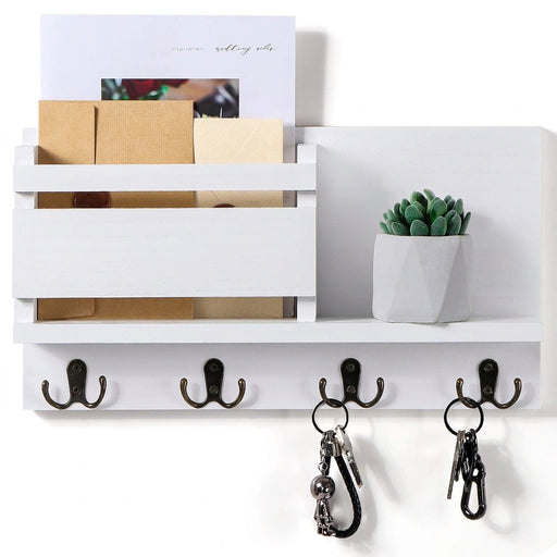 Wooden Wall-Mounted Key and Mail Holder — Rustic Letter Sorter with 4 Hooks