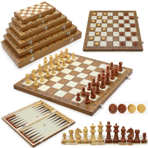 3‑in‑1 Foldable Wooden Travel Board — Chess, Checkers & Backgammon