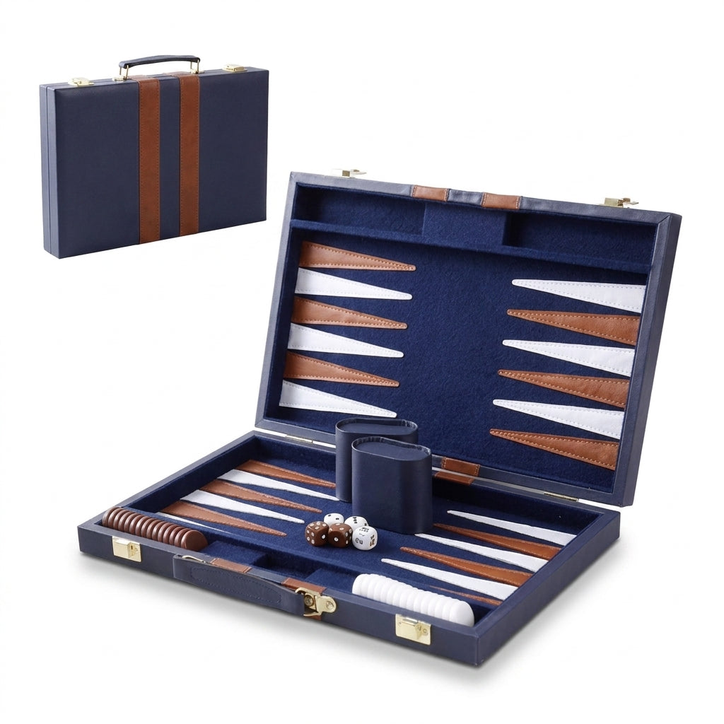 15-Inch Travel Leather Backgammon Set – Compact Portable Board