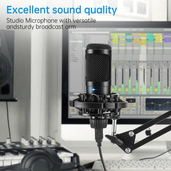 USB Microphone Studio Condenser Kit with Adjustable Scissor Arm Stand and Mic Gain Knob Shock Mount for Instruments - Perfect for Voice Overs, Streaming, Broadcasting and YouTube Videos